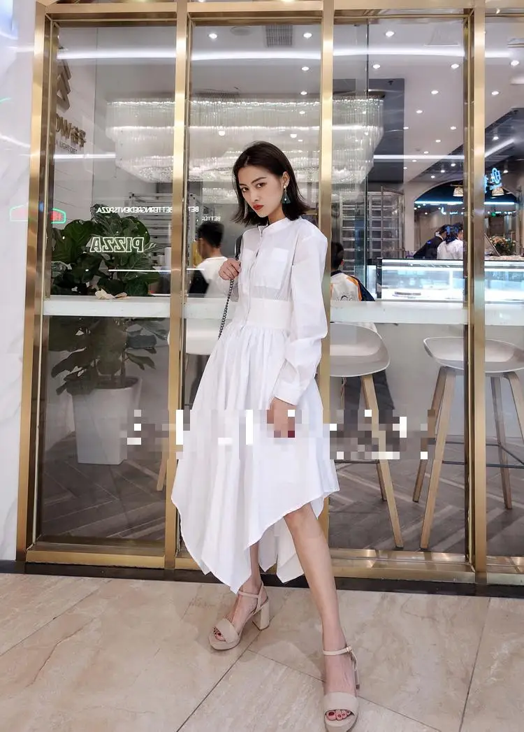 Женское платье хлопок белое 2018 длинный рукав высокая талия необычное рубашка