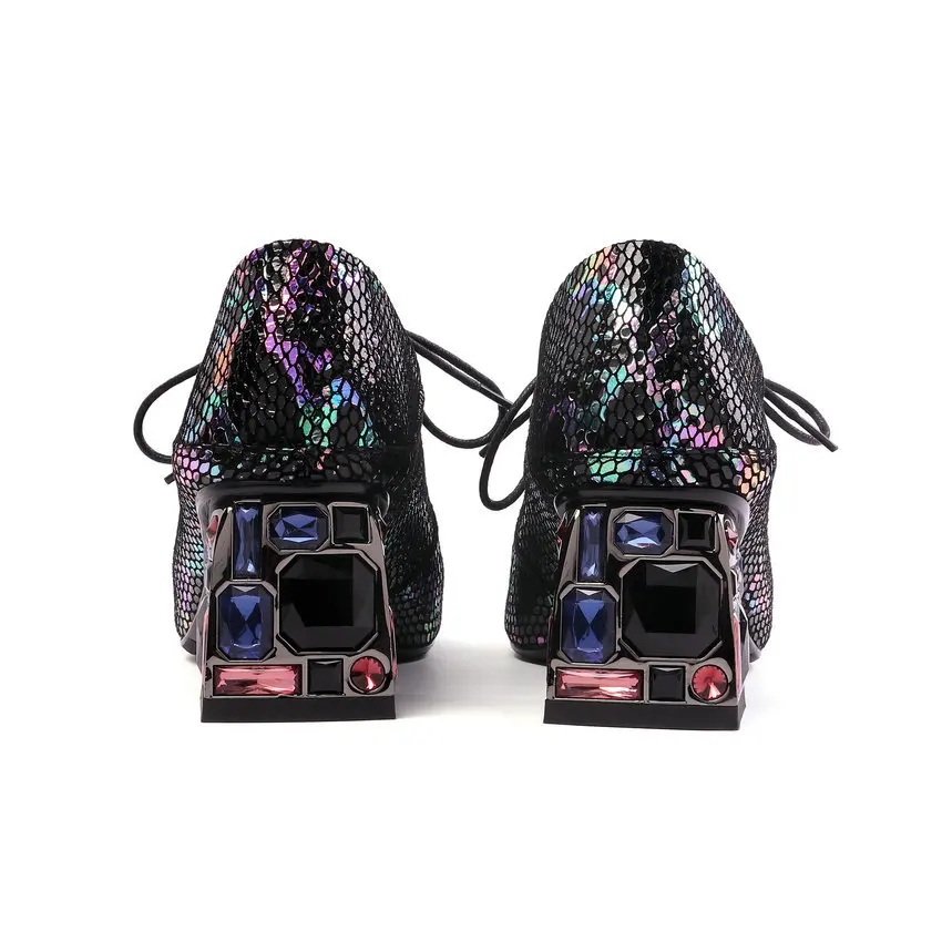 Женские туфли на квадратном каблуке QUTAA черные и зеленые шнурках с квадратным