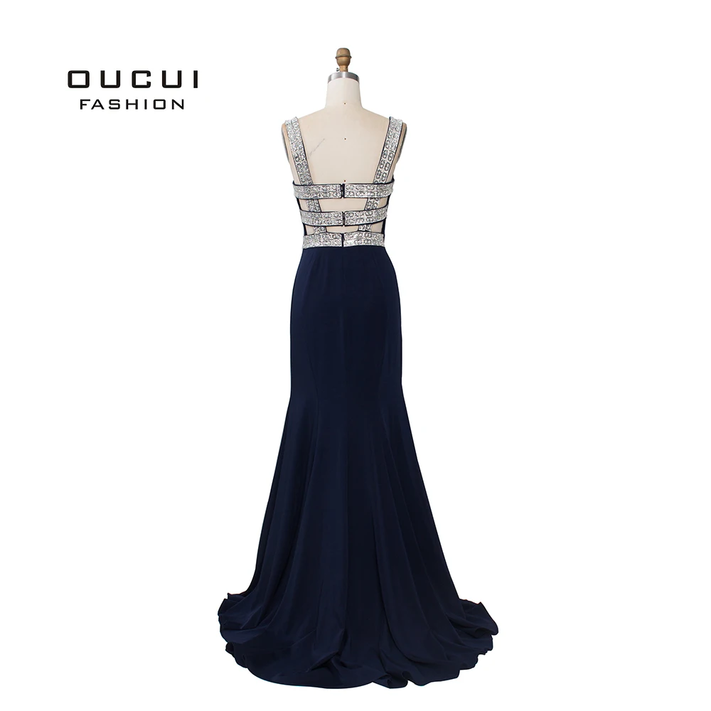 Темно синее официальное платье без рукавов с юбкой годе 2019 сексуальный