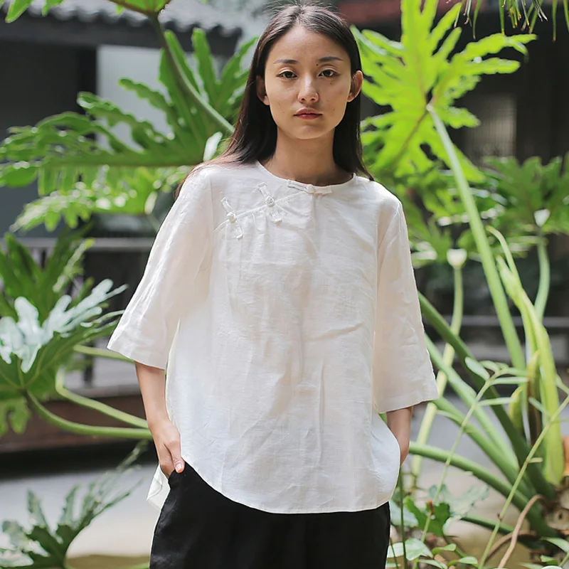 Женская винтажная рубашка Johnature Однотонная на кнопках с рукавом 7 в китайском