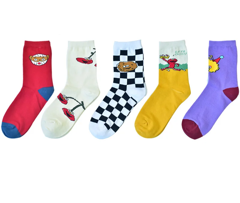 5pcs A Lot Women Funny Socks Original Design Red White Purple Cartoon Cotton Socks