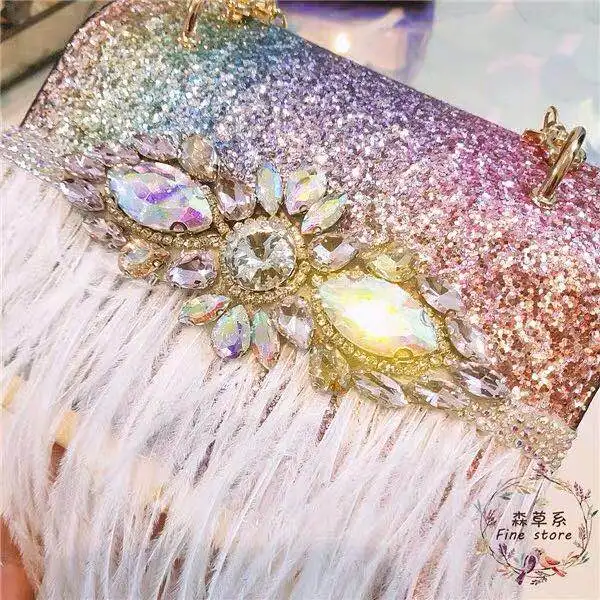 Женская сумка с блестками цепью на одно плечо розовая из страусиного меха 2019 |