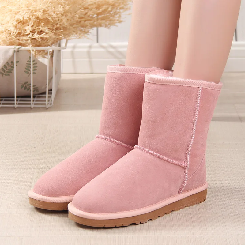 pink Стиль; зимние сапоги из натуральной воловьей кожи; водонепроницаемые зимние сапоги; модная женская обувь до середины икры; теплые сапоги - Цвет: pink