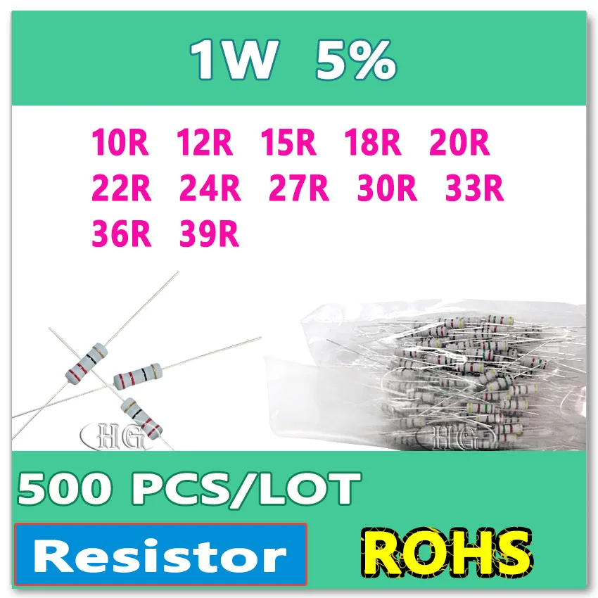 JASNPROSMA 500 шт./лот 5% 1 вт 10R 12R 15R 18R 20R 22R 24R 27R 30R 33R 36R 39R резистор из углеродной пленки DIP OHM