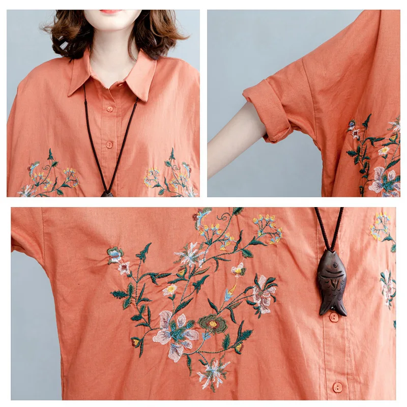 Elseisle Цветочная вышивка блузка рубашка 2017 Осенняя льняная хлопковая Повседневная