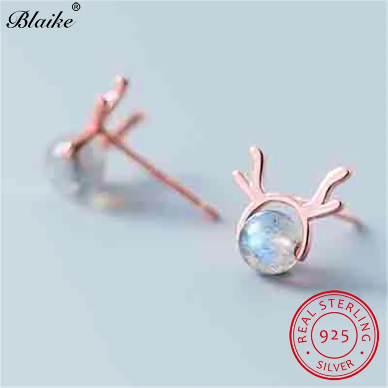 Женские круглые серьги гвоздики Blaike милые рога оленя из стерлингового серебра 925