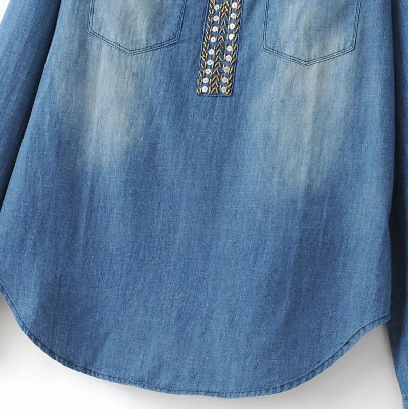 LINSHOW Джинсовые Блестки Женщины Блузки С Длинным Рукавом Нагрудные Твердые