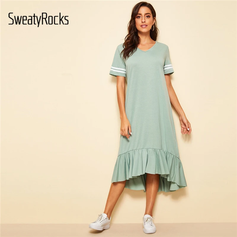SweatyRocks Полосатое платье с рукавами и рюшами для женщин, лето, v-образный вырез, уличная одежда, одноцветные миди платья, повседневное бирюзовое платье