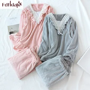 Пижамный комплект Женский, теплый, фланелевый, с длинным рукавом, на весну-осень