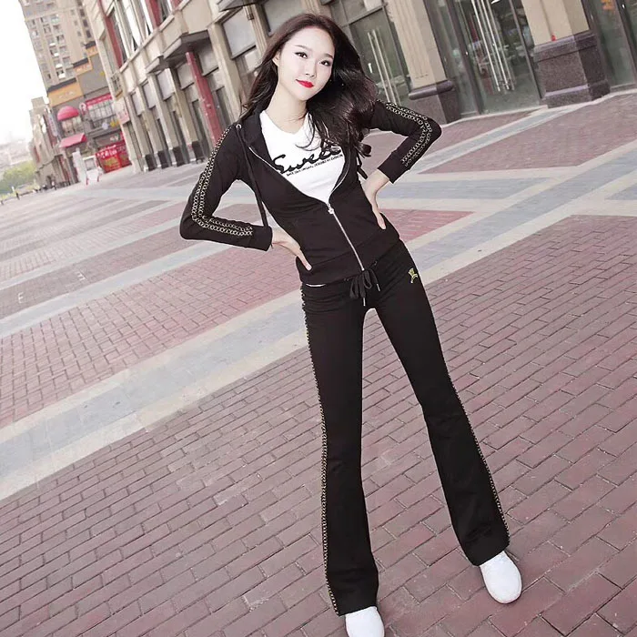Hot 2018 Spring Full Zipper Fashion Cotton  New Leisure 2 Suit Hot Drilling Hoodie + Vertical Stripe Trousers Two Sets Of Women