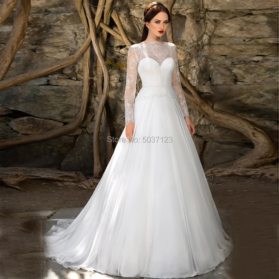 Шифоновый с длинным рукавом Vestido De Noiva Свадебные платья аппликации из кружева