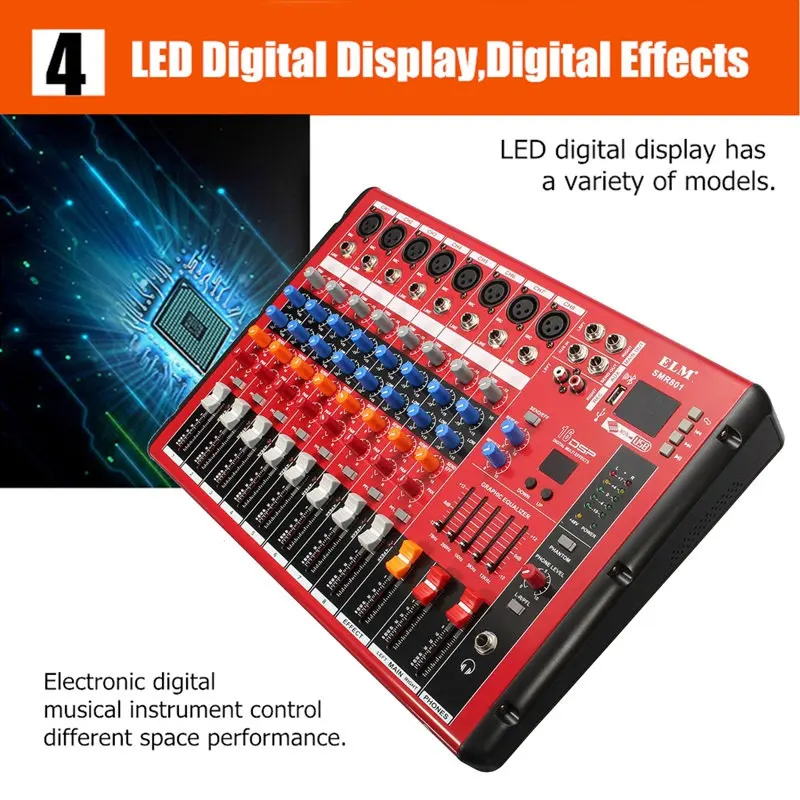 LEORY Профессиональный bluetooth DJ Аудио Звук микшерный пульт 8 каналов цифровой звуковой микшер для Концерт диджея Аудио пост-обработка