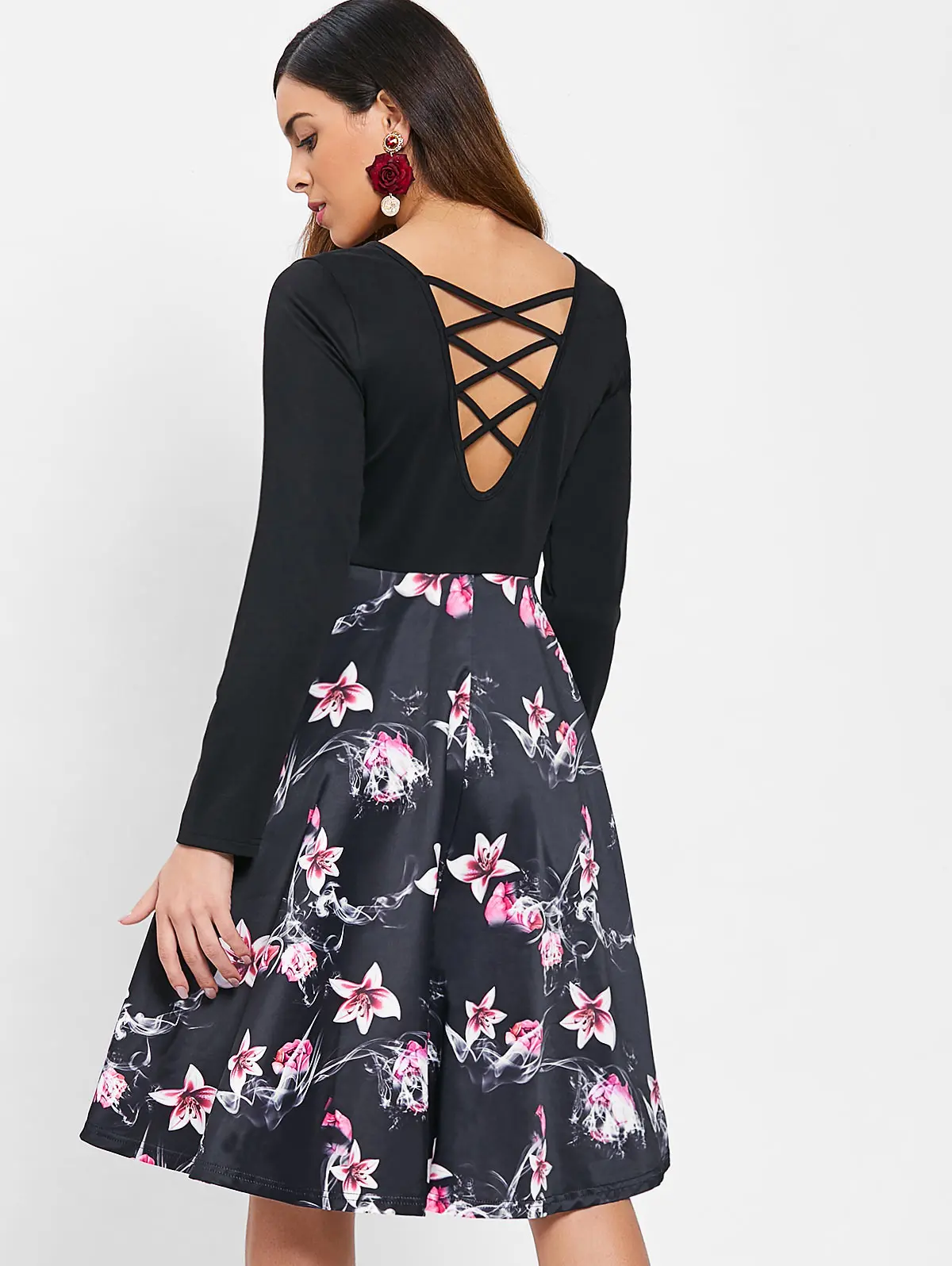 Floral Print Criss Cross Women Retro Dress 50s 60s Round Neck Long Sleeves Rockabilly Swing Vintage Party Vestidos | Женская одежда