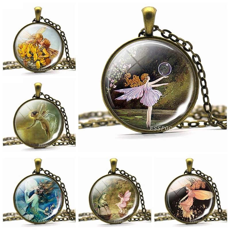 Стеклянное ожерелье с подвеской фото ангела Хадас Готик винтажной медной