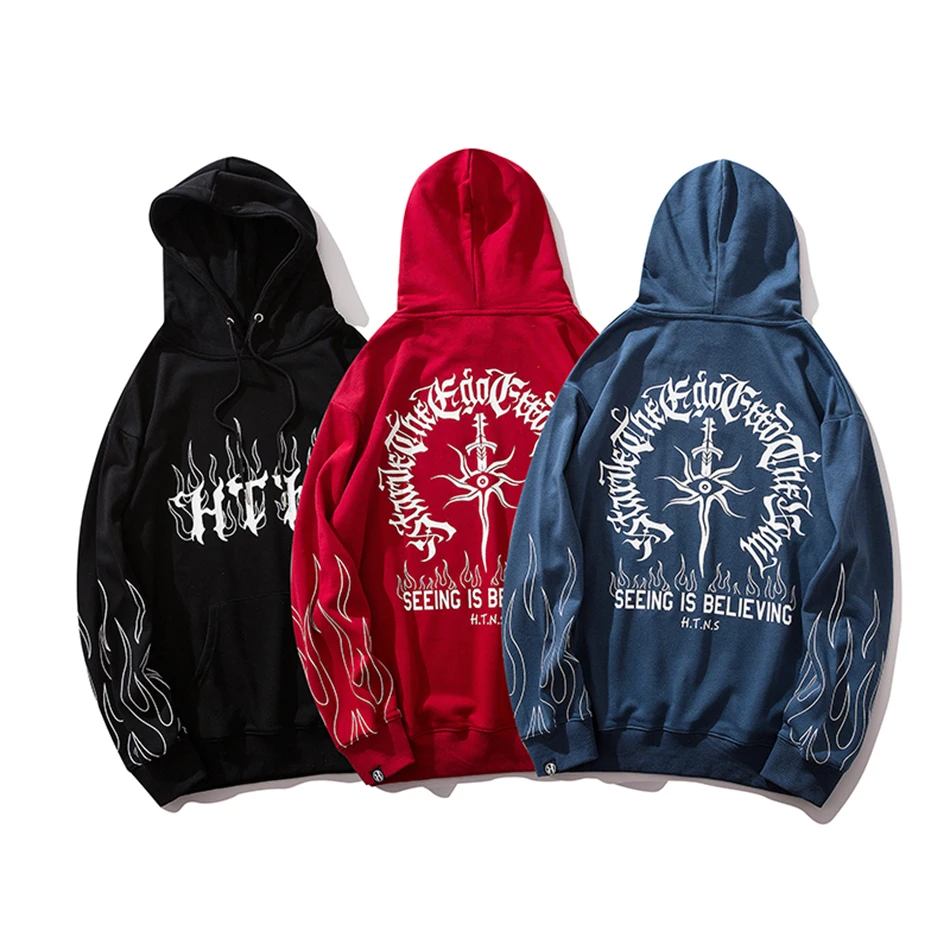 Модная тонкая уличная мужская толстовка с капюшоном, с принтом огня, Свободный пуловер, повседневный рисунок, черный и красный цвета, толстовка с капюшоном в стиле хип-хоп, толстовка больших размеров