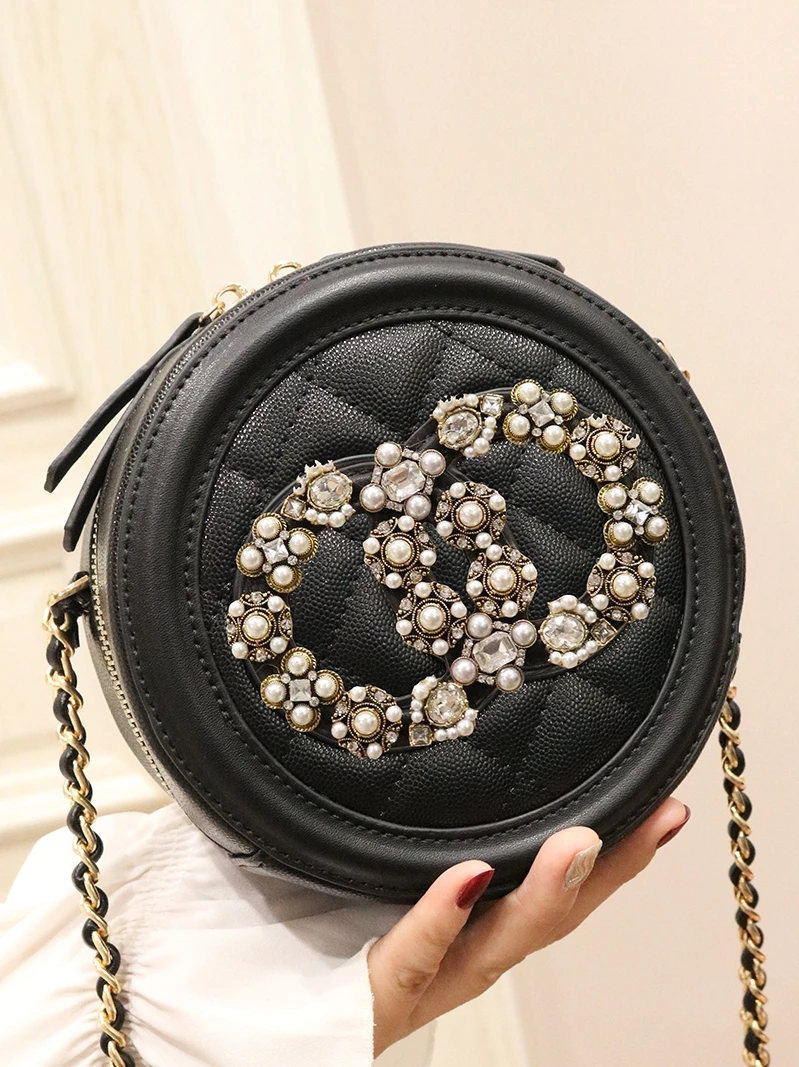 

2020 Lady Handbags Women Messenger Pearl Diamond Black Bags PU Leather Circular Zipper Ladies Min Party Diamond Lattice Bag