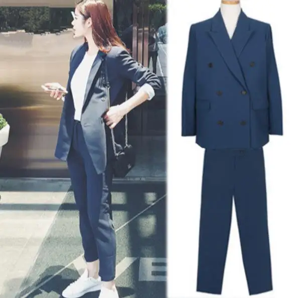 

women 2 two Piece Set suits Long sleeve button Blazer + pant Set Office Suits