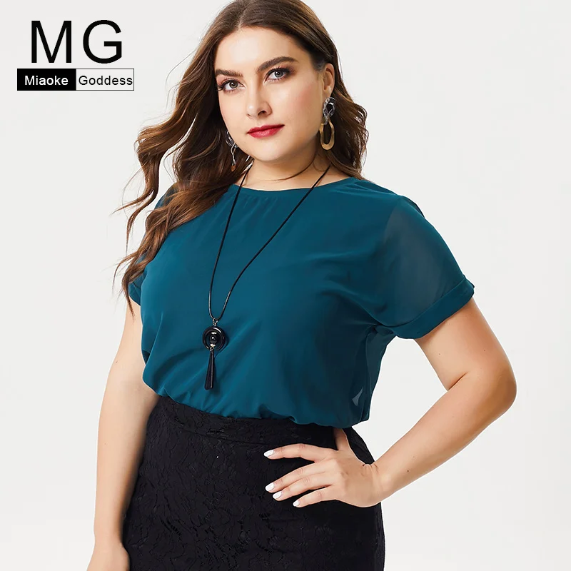 2019 summer new large size women's elegant O-neck short-sleeved chiffon solid color blouse slimming thin wild |