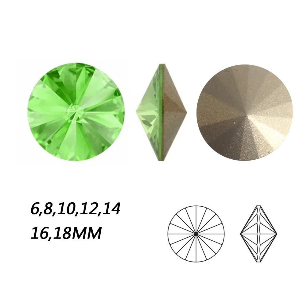 

NYMR #1122 peridot Top Quality Stone 6,8,10,12,14,16,18mm RIVOLI K9 Glass POINTED BACK Rhinestones Round Crystal fancy Stones