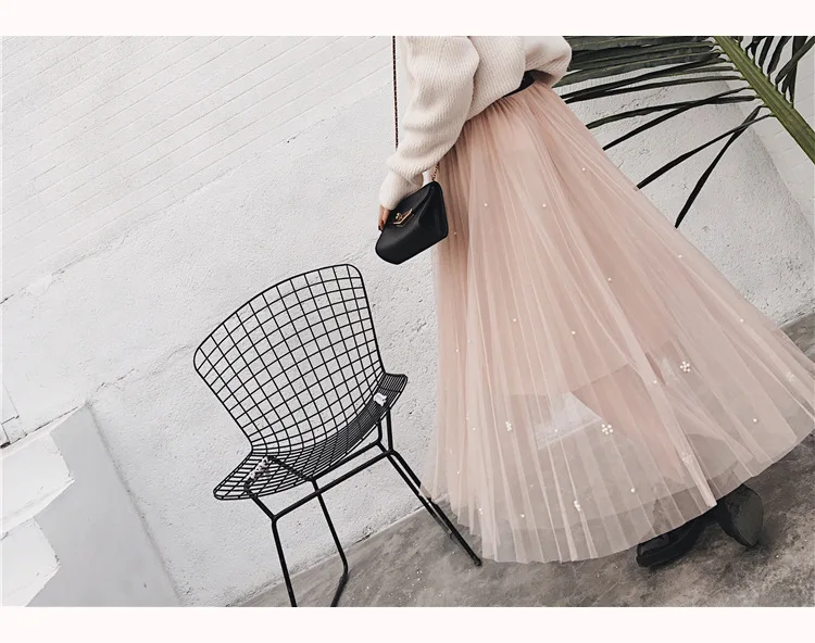 Faldas Mujer Moda корейский Бисер плиссированная юбка Высокая Талия Длинные юбки, женские Юпи Тюль Femme, Spodnica plisowana