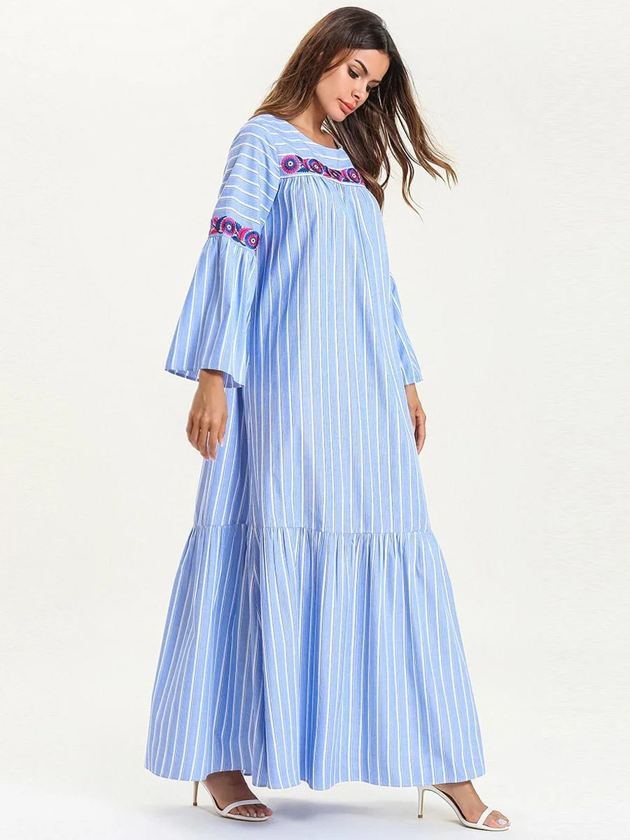 Модные женские мусульманские макси платья больших размеров с вышивкой цветочный