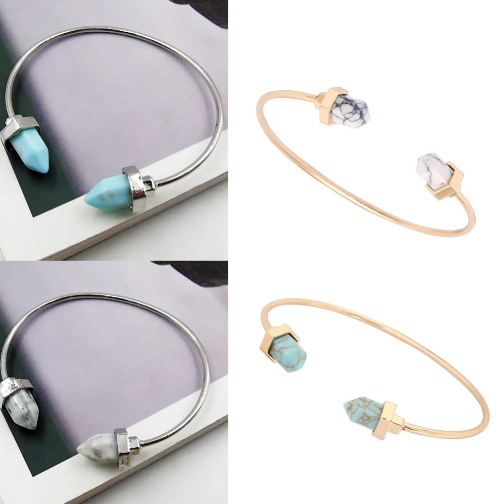 New Boho Created Blue White Stone Healing Bullet Point Bracelets &amp Bangles Faux Marble Howlite Bangle For Women #273873 | Украшения и