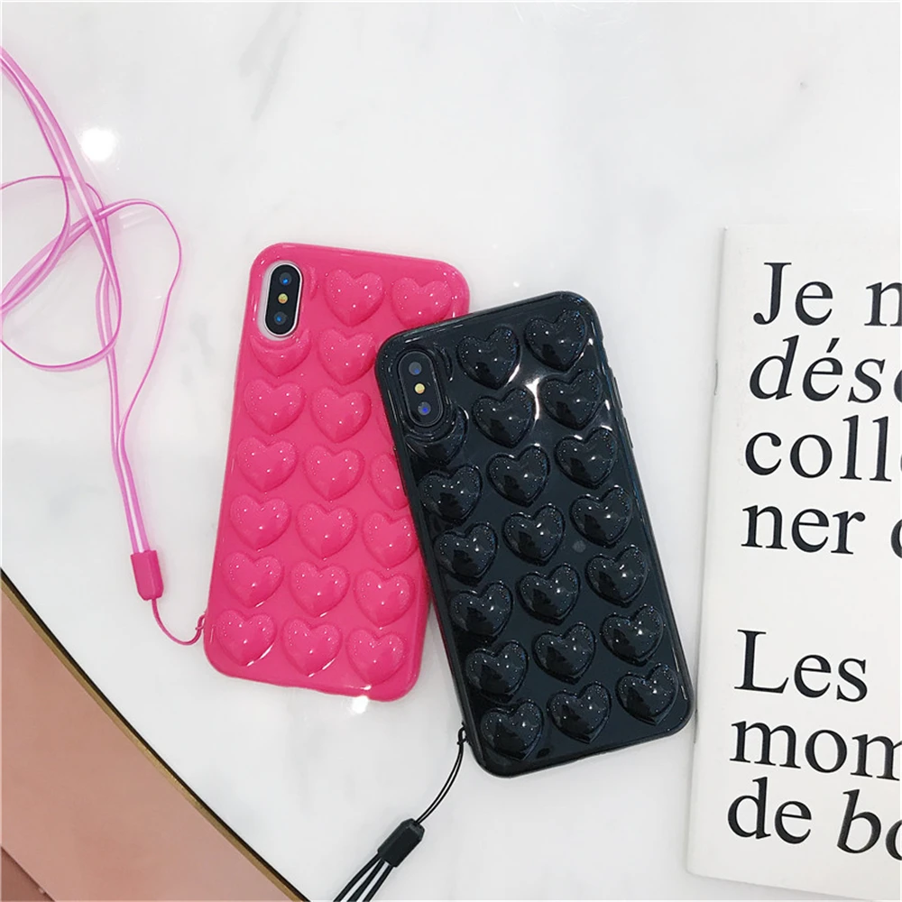 3D Love Heart Phone Case For iPhone X XS MAX XR Cartoon Cases 7 8 6 6S Plus Soft TPU Protection Cover With Lanyard |