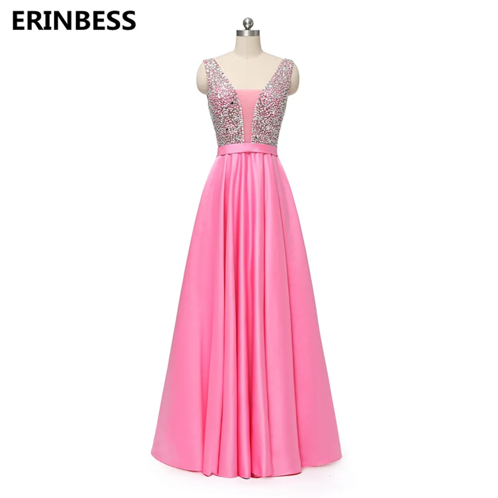 Розовый Vestido de festa Longo, вечерние платья, длинное платье, темно-синее атласное с бусинами и v-образным вырезом, вечернее платье, вечерние платья - Цвет: Розовый