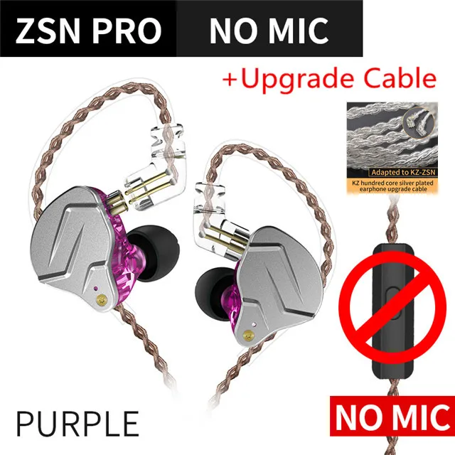 Purple no mic Silver Плотным верхним ворсом KZ ZSN PRO 1BA+ 1DD гибридной технологии HIFI Металл вкладыши наушники басовый вкладыш спортивные Шум шумоподавления наушники ZST AS10 ZS10 ES4 V2 - Цвет: Purple no mic Silver
