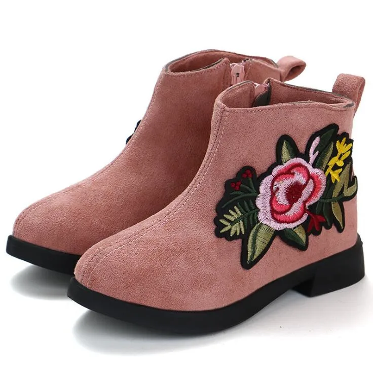 Children's Princess Leather Boots 2019 Autumn Winter New Little Girl Ankle Big Kids Fashion Embroidery Retro Flat | Детская одежда