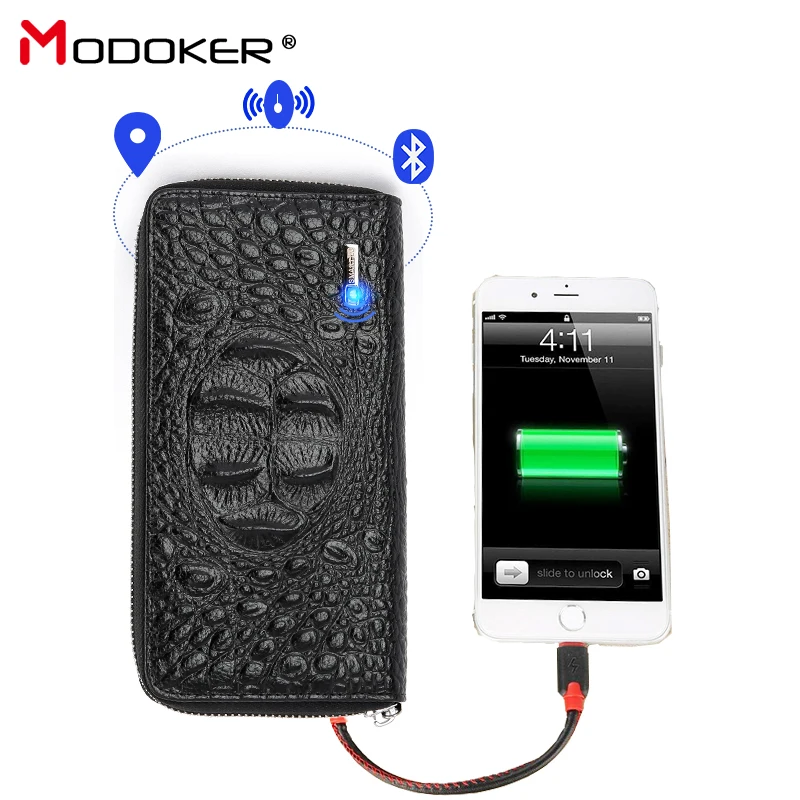 Modoker, длинный Умный кошелек для зарядки, мужская сумочка из крокодиловой кожи, роскошный мужской кожаный кошелек, деловой клатч, кошелек на молнии