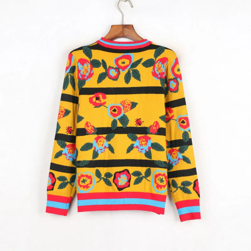 2018 Winter Vintage Floral Print Striped Sweater Pullovers Runway Designer Long Sleeve Female Christmas Jumper Clothing | Женская одежда