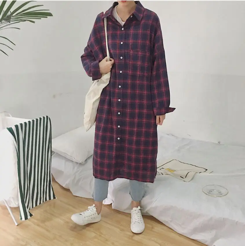 Navy Blue Реальные фотографии, Женские Длинные повседневные рубашки в клетку, кардиганы, женские мягкие рубашки в клетку, блузки, свободные топы для девочек, DX890 - Цвет: Navy Blue