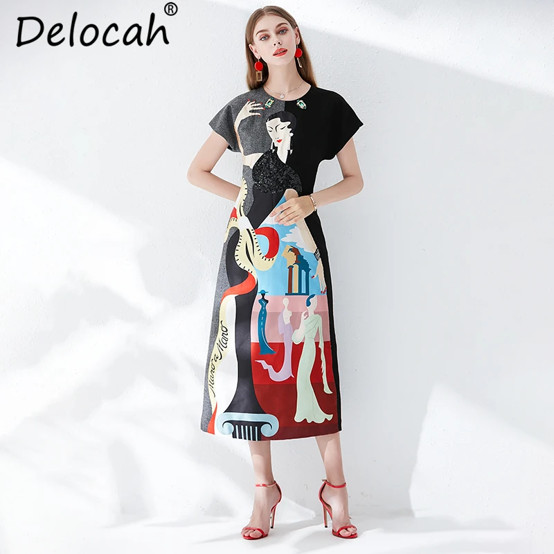 Delocah новые Для женщин летнее платье модный Дизайнерский Костюм Бисер с блестками и принтом с героями из мультфильма; элегантные Винтаж женские Вечерние Длинное Платье