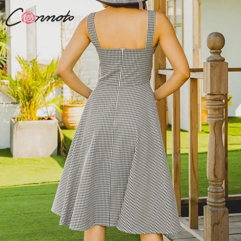 Conmoto Модное чёрное платье миди в клеточку винтажное трапеция с перекрёстной