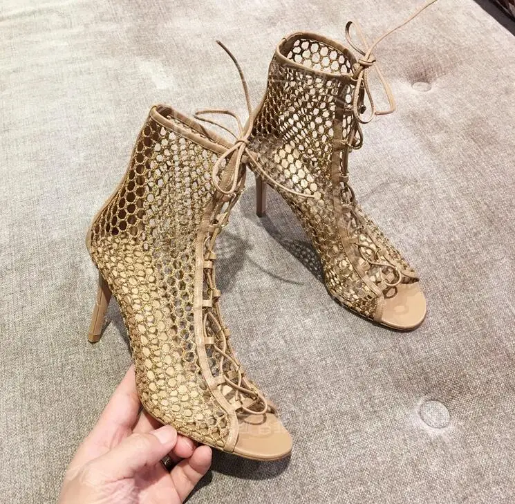 

Hot Selling Black Beige Mesh Net Runway Boots Peep Toe Lace-up Hollow Gladiator Heels Sandals Boots Shoes Women 2019 Newest