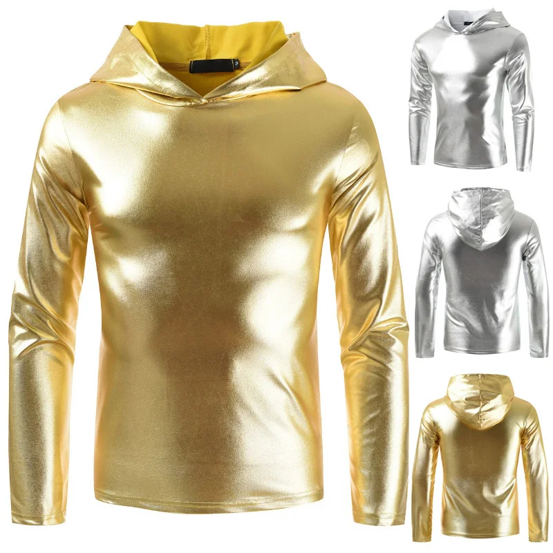 Мужской блестящий топ с капюшоном Клубная одежда яркий однотонный пуловер