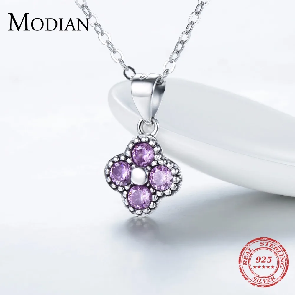 Modian Solid 925 Sterling Silver Flowers Clover Purple Zircon Necklace Simple Fashion Pendant For Women Christmas Jewelry Gift | Украшения