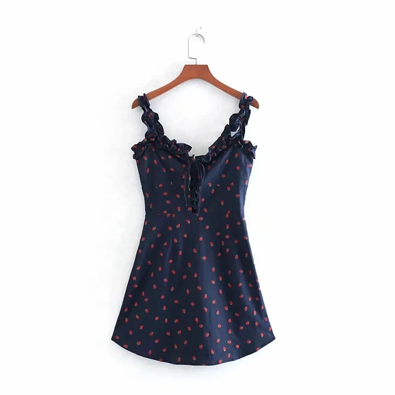 Женское мини платье с клубничным принтом летнее 2019 Милое сексуальное пляжное на