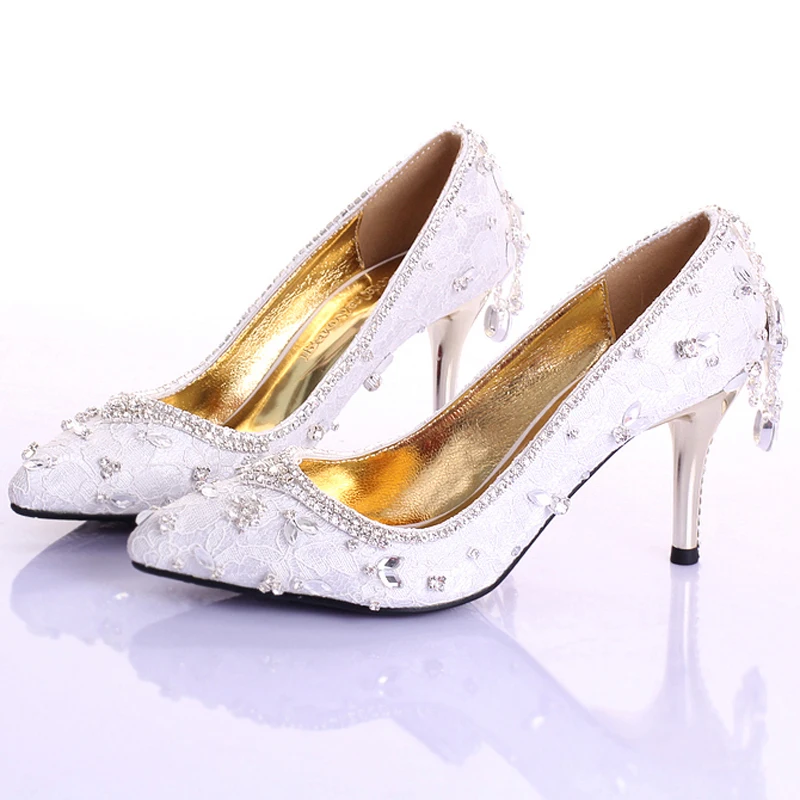 

Handmade White Lace Red 7cm Middle Heel Formal Shoes Rhinestone Bridal Shoes Elegant Pointed Toe Stiletto Heel Bridesmaid Shoes
