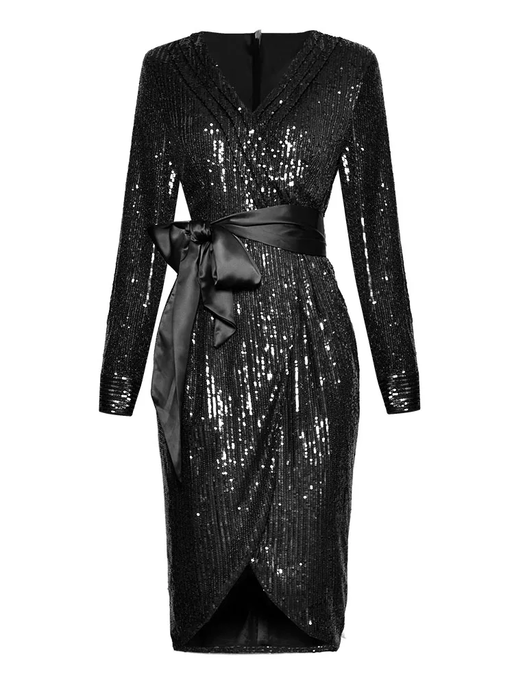 Original Bling Sequined V-neck Short Sexy Elegant Dress 2019 Women Spring Long Sleeve Irregular Party Night Vestidos Q1170 | Женская