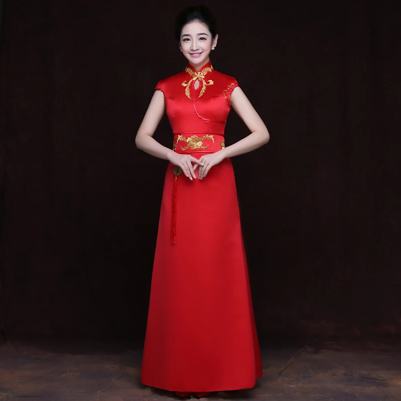 

Elegant Slim Qipao Chinese traditional Female Rayon long gown Dress Mandarin Collar Vintage embroidery red Cheongsam Vestidos