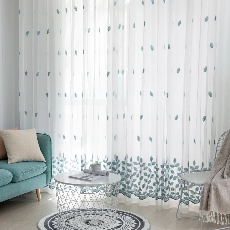 Blue Four-leaf Clover Embroidery Tulle Curtains For Living Room Sheer Panels White Voile Curtains For Bedroom Kitchen M099#4