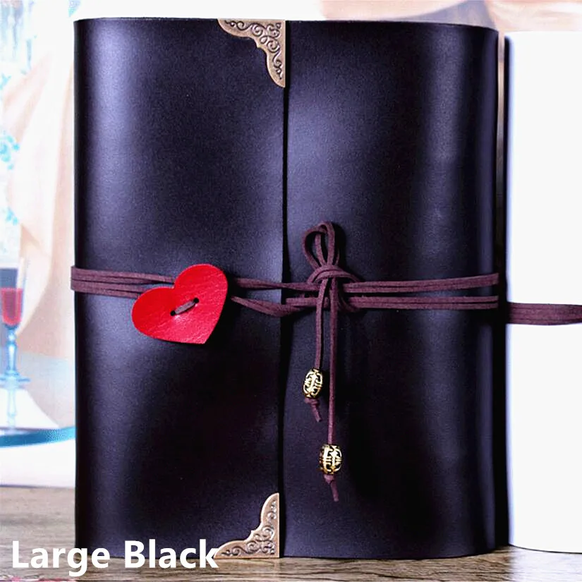 Large Black 5/10/12 дюймов Винтаж ПУ Обложка фотоальбомы «любящее сердце» веревка Комплект путешествия DIY Детские подарки на день рождения маленьких книга памяти черными страницами - Цвет: Large Black