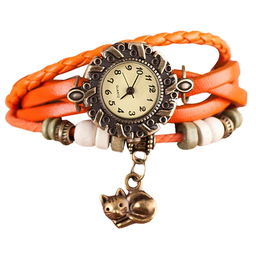 Новинка 2017 новые кварцевые плетеные кожаные браслеты с котом женские наручные
