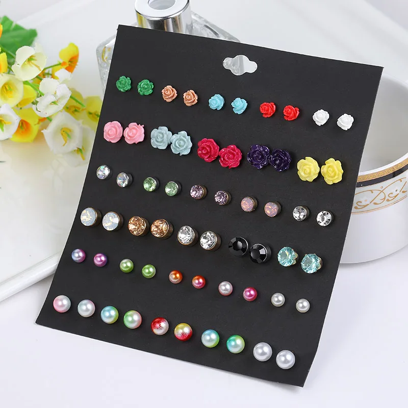 30 Pair/set Fashion Female Resin Acrylic Flower Earrings Set For Women Crystal Stud Earring Ladies Multicolor Pearl | Украшения и
