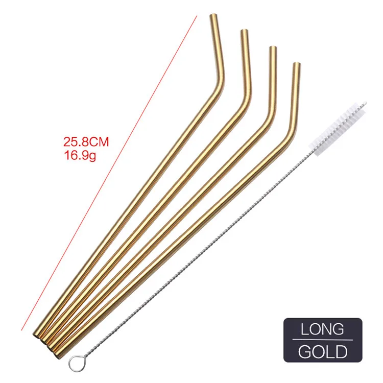 Gold Bent 4 шт Металлические питьевые соломинки многократного использования Красочные нержавеющей стали соломы+ 1 щетка Металл напиток Yerba сок бар аксессуары вечерние - Цвет: Gold Bent