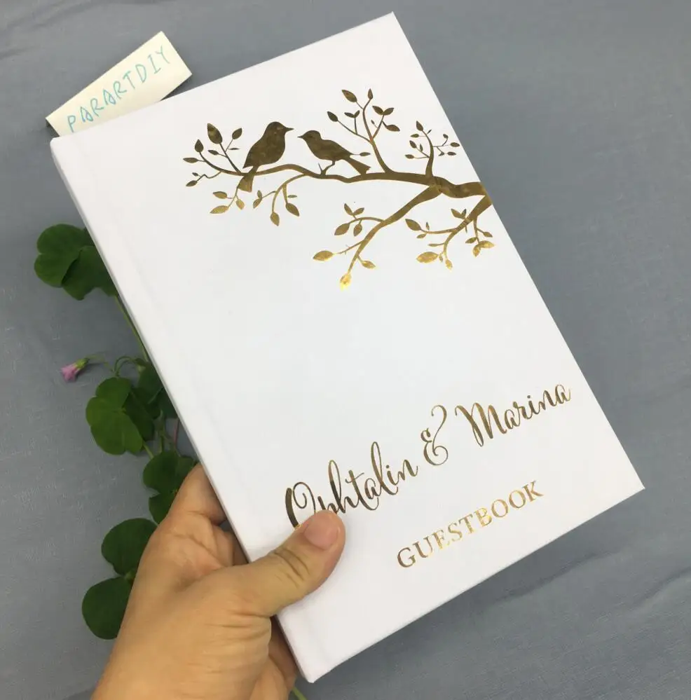 Персонализированные золотые фольги птица любовь свадьба книга журнал Свадьба Гость книга современная свадьба гостей знак в книги фотоальбомы