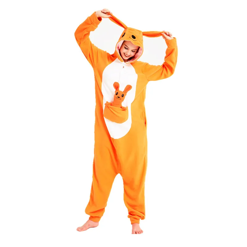 Kangaroo Флисовые пижамы кигуруми для взрослых, тигра, поросенка, кролика, кенгуру, женские и мужские комбинезоны, пижамы для Хэллоуина и карнавала, вечерние - Цвет: Kangaroo