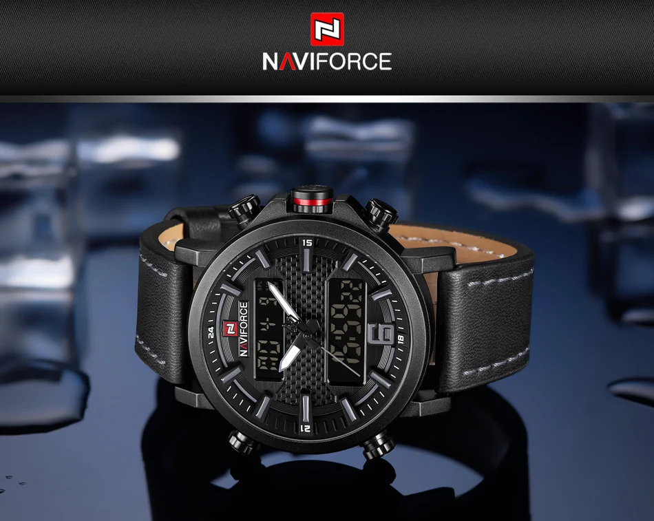 NAVIFORCE Новые мужские модные спортивные часы, мужские кожаные водонепроницаемые кварцевые часы, мужские Аналоговые часы с датой, светодиодный